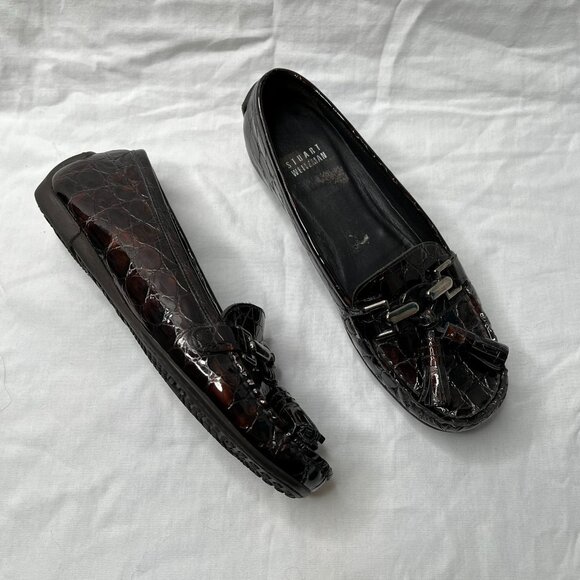 Stuart Weitzman Women's Rascal Patent Leather Croc Embossed tasseled Loafers 6 - Picture 4 of 13